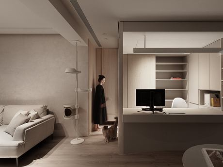 Modern minimalist interior with neutral tones, sleek furniture, and built-in shelving.