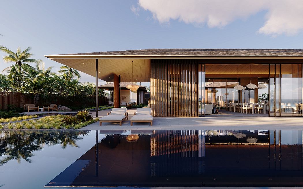 A contemporary beachside home with an expansive open-plan layout and reflecting pool.