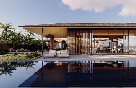 A contemporary beachside home with an expansive open-plan layout and reflecting pool.