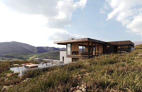 A modern, wood-framed house with an expansive outdoor patio and scenic mountain views.