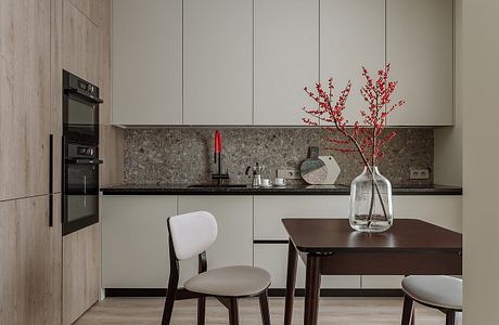 Minimalist kitchen with wooden cabinets, granite countertop, and decorative red branches.