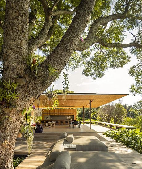 A modern outdoor patio with a wooden structure, comfortable seating, and lush greenery around.