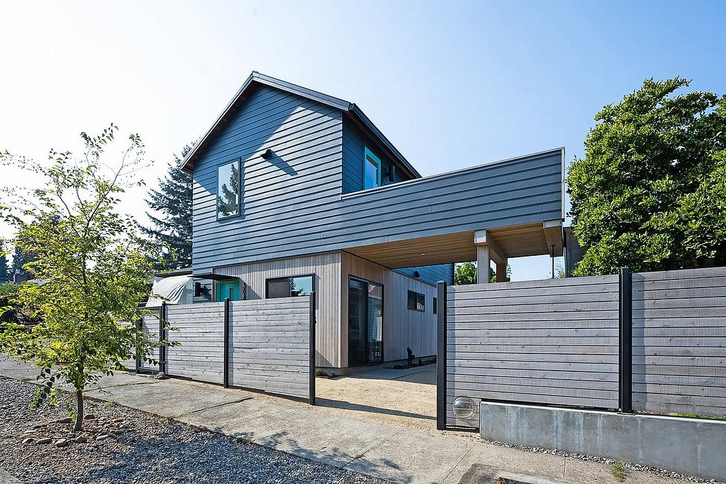 Contemporary blue wooden siding with modern architectural design and large windows.