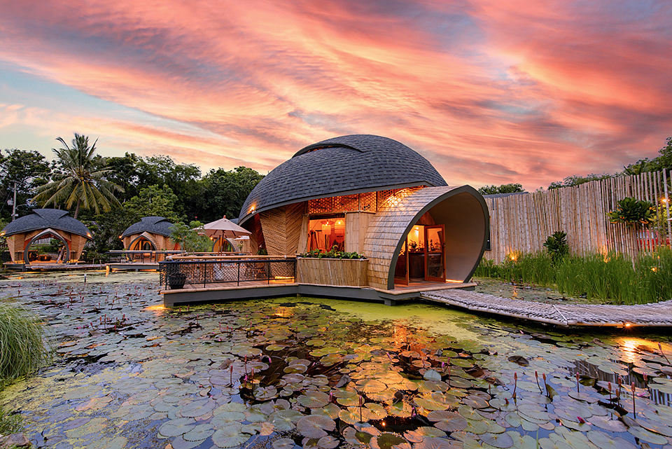 Dome-shaped structures with wooden accents and a pond in a lush tropical setting.