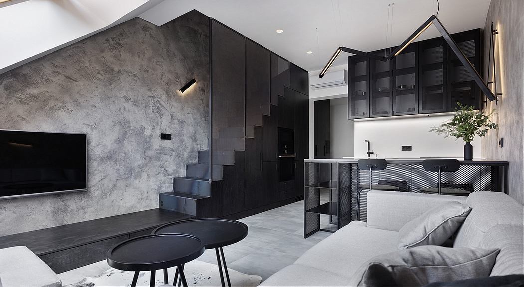 Minimalist, modern interior with concrete walls, black furniture, and geometric lighting.