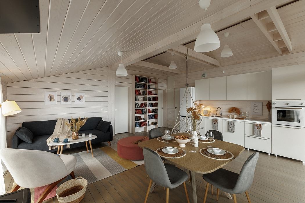 Cozy modern cabin interior with wooden walls, high ceilings, and tasteful furnishings.