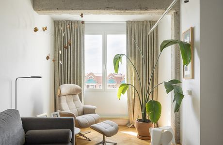 Modern interior with concrete ceiling, large windows, plush furniture, and lush tropical plants.