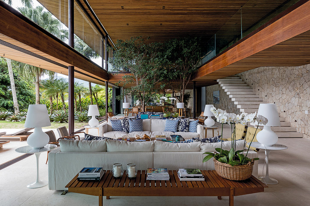Inviting indoor-outdoor living space with modern wooden and stone architecture.