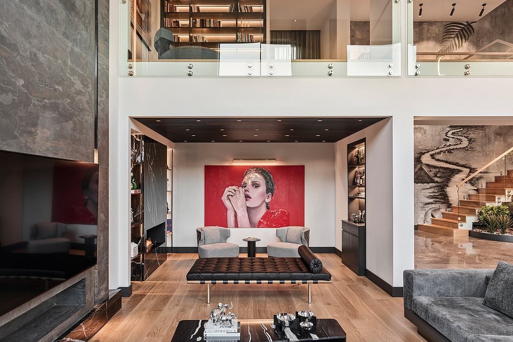 Sleek, modern living space with vibrant artwork, built-in shelving, and minimalist furniture.