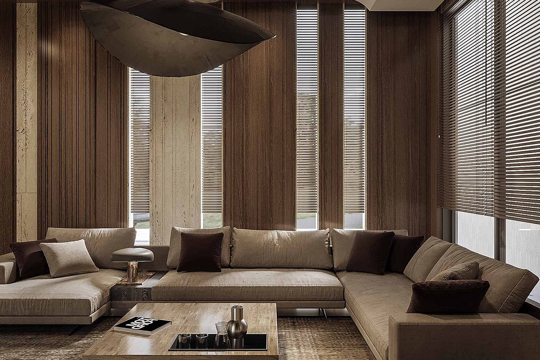 Spacious living room with sleek modern furnishings, wood paneling, and distinctive lighting.