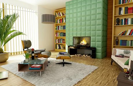 Sleek, modern living room with textured green wall, bookshelf, and cozy furniture.