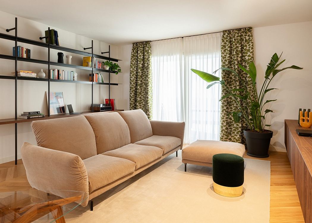 Cozy living room with beige sofa, shelving unit, and tropical plant accents.