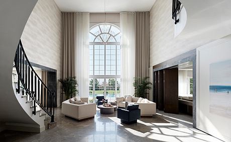 Spacious and elegant living room with grand arched windows, crystal chandelier, and plush furnishings.