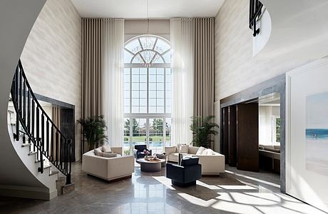 Spacious and elegant living room with grand arched windows, crystal chandelier, and plush furnishings.