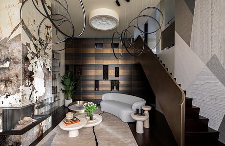 Striking modern interior with curved stairs, textured walls, and geometric light fixtures.