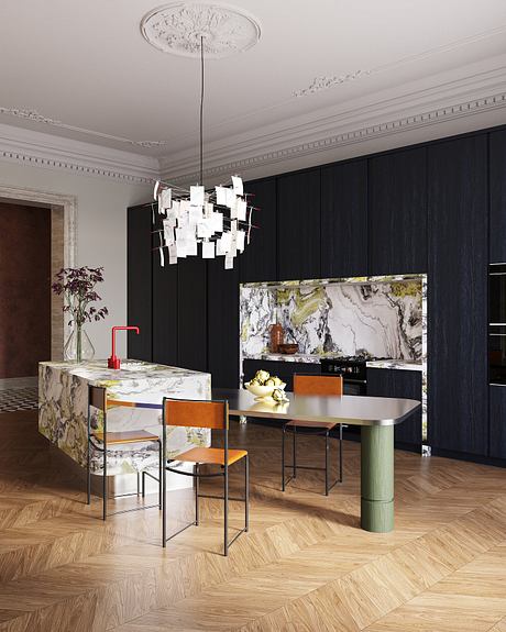 Elegant modern kitchen with striking marble countertop, bold black cabinetry, and chic lighting.