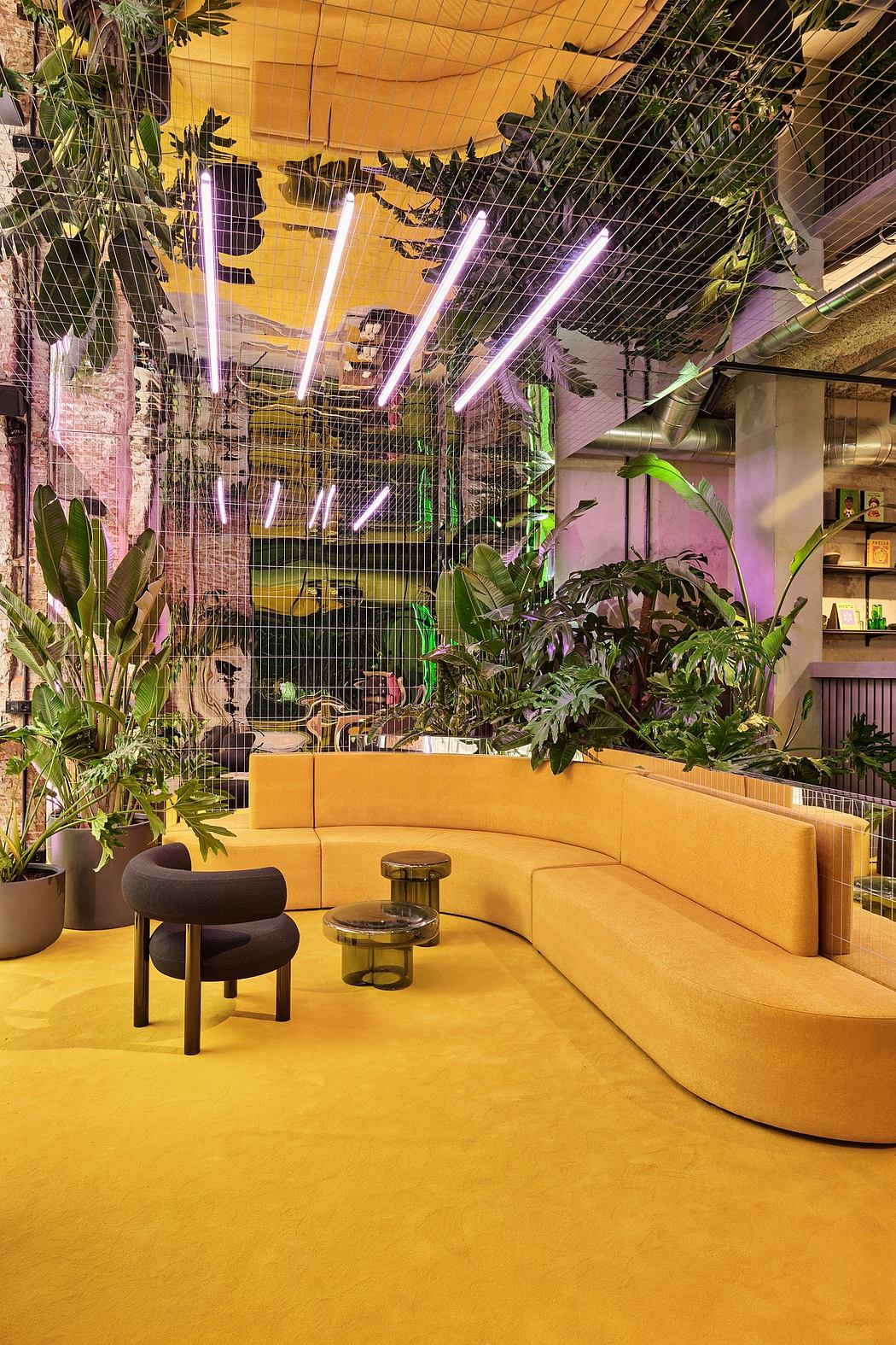 Vibrant, lush interior with neon lighting, tropical plants, and curved yellow seating.