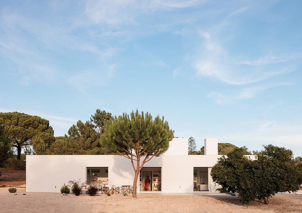 A modern, minimalist white building with large windows framed by lush trees and shrubs.