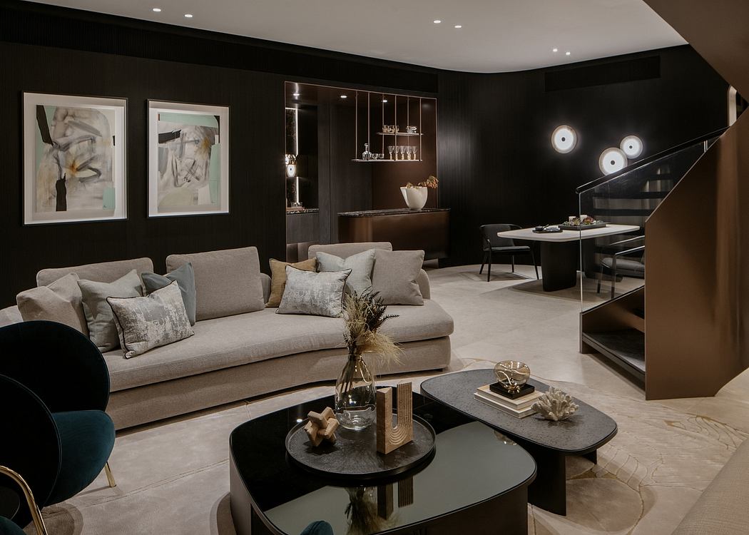 Sophisticated living room with dark walls, gray sofa, and decorative accents.