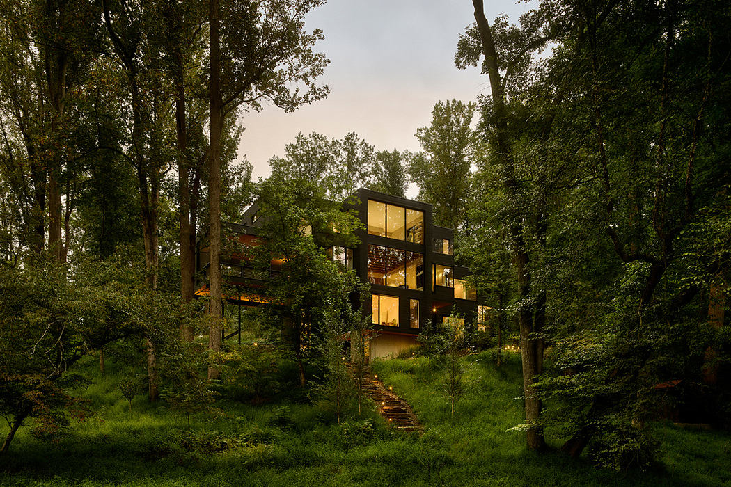 A modern, multi-level glass and wood home nestled in a dense, lush forest.