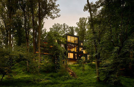 A modern, multi-level glass and wood home nestled in a dense, lush forest.