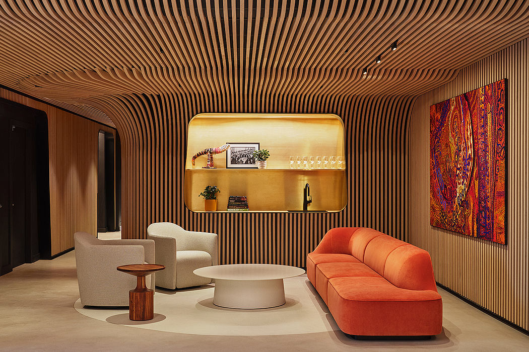 Sleek wooden slat walls and vibrant orange sofa create a warm, modern living space.