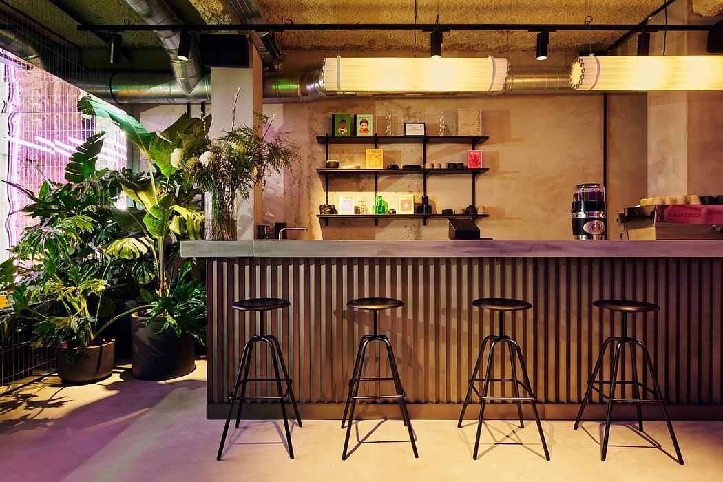 Cozy café with industrial-style decor, corrugated metal bar, and potted plants.