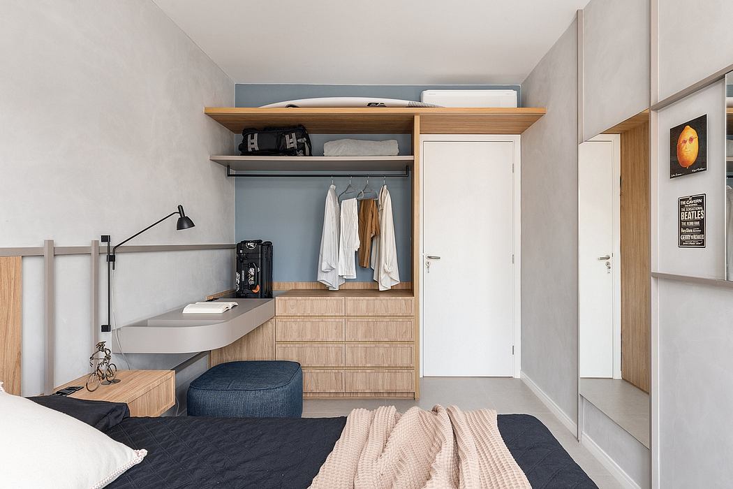 A modern, minimalist bedroom with built-in storage, wood accents, and a minimalist aesthetic.