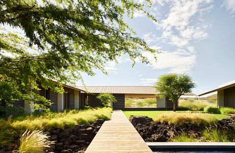 A modern single-story dwelling with a wooden walkway leading to a pool, surrounded by lush greenery.