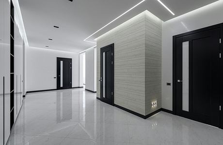 A modern, minimalist hallway with sleek black doors, white walls, and recessed lighting.