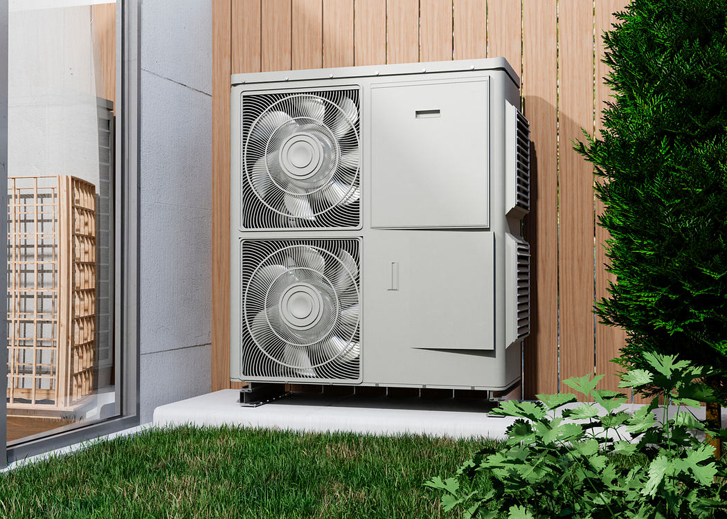 Modern outdoor heat pump with sleek design, surrounded by lush greenery and wooden siding.