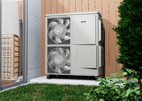 Modern outdoor heat pump with sleek design, surrounded by lush greenery and wooden siding.