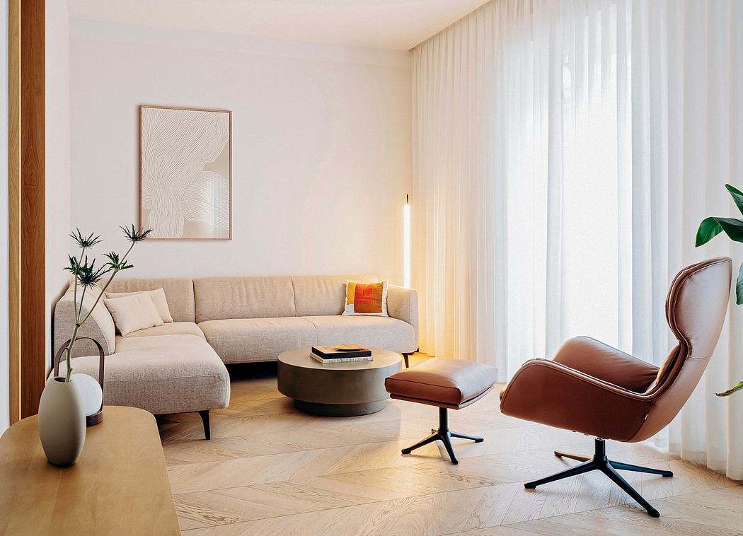 Cozy living room with a plush sectional sofa, decorative floor lamps, and a modern armchair.