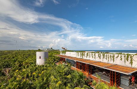 A tropical resort with a wooden boardwalk, surrounded by lush greenery and overlooking the sea.