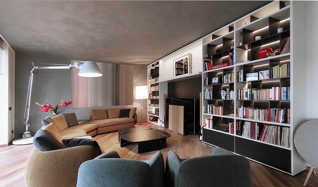 Cozy living room with built-in bookshelves, plush sofas, and a modern coffee table.