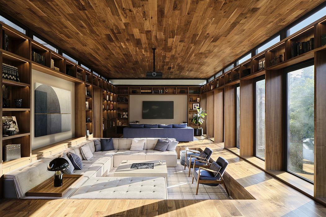 A spacious, warmly-lit living room with a wooden ceiling and floor-to-ceiling shelving.
