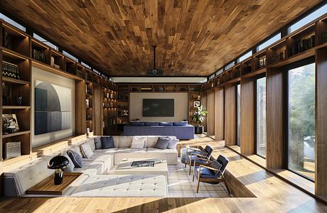 A spacious, warmly-lit living room with a wooden ceiling and floor-to-ceiling shelving.