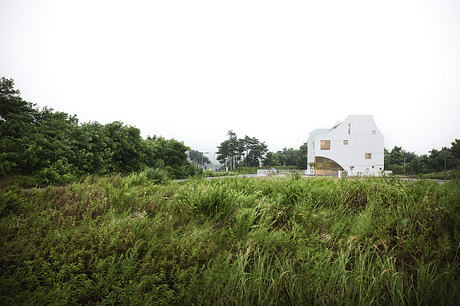 A modern, angular building with a thatched roof stands in a lush, overgrown field.