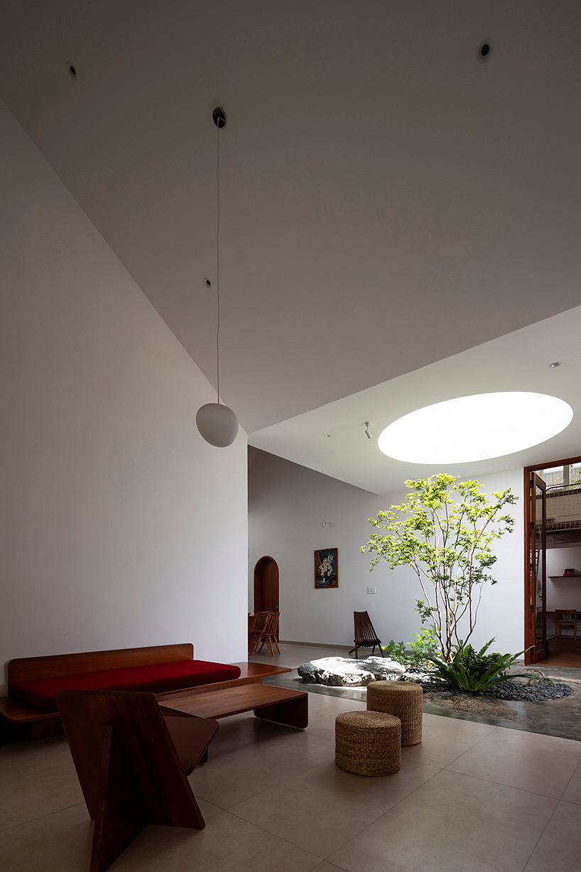 Minimalist interior with a small indoor garden, circular pendant lights, and wooden furniture.