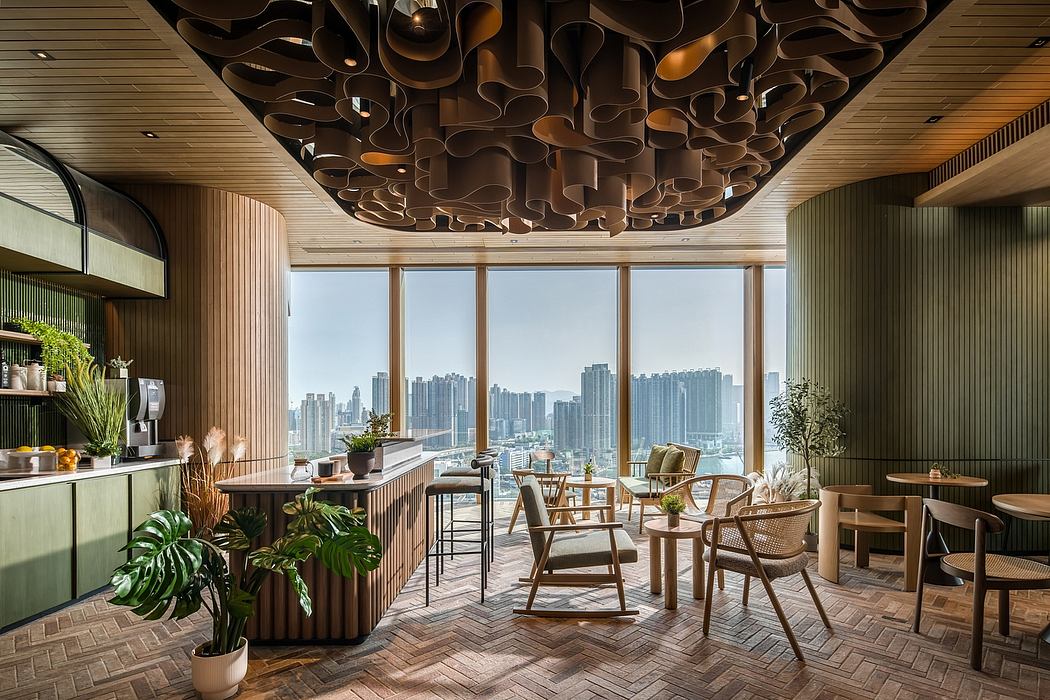 Stunning modern interior with wooden accents, potted plants, and panoramic city views.