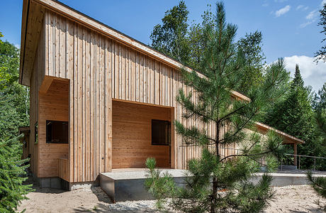 A wooden cabin nestled in a lush, forested landscape with tall windows and a covered patio.