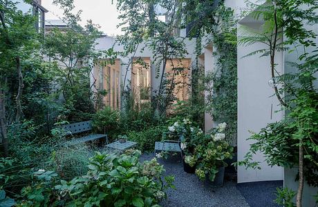 Lush, verdant garden sanctuary amid modern architecture, with benches and planting beds.