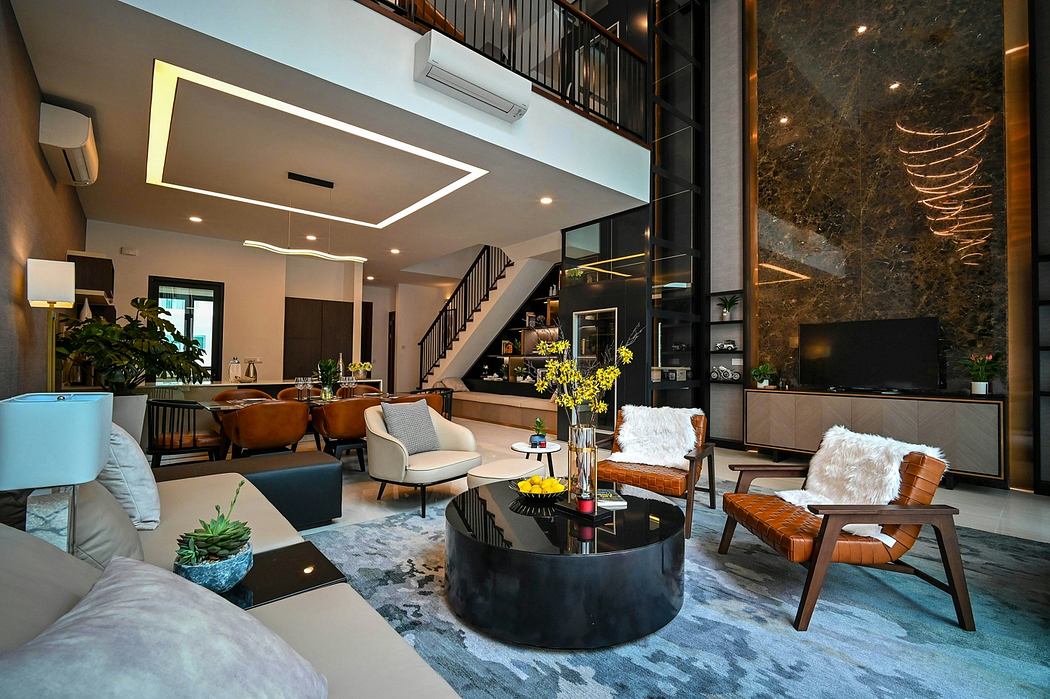 A modern, spacious living room with a sleek design, warm lighting, and a mix of natural and industrial elements.