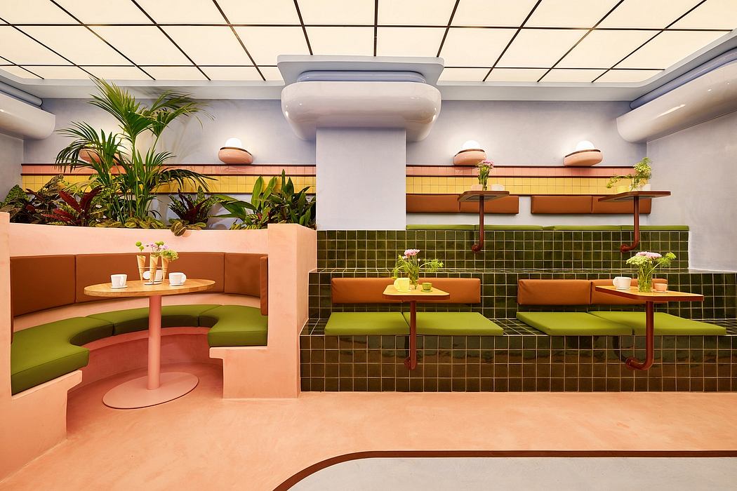 Vibrant retro-inspired cafe interior with curved seating, tiled walls, and potted plants.