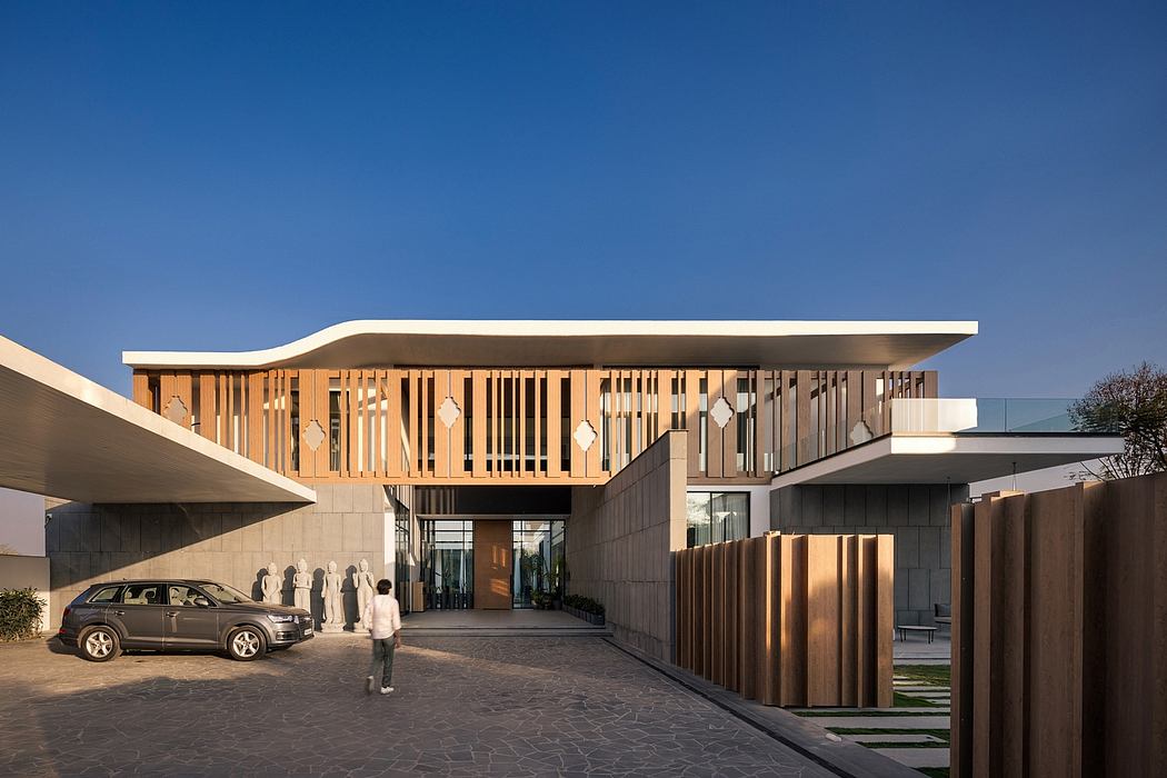 Imposing modern structure with a striking wooden facade, clean lines, and an inviting entrance.