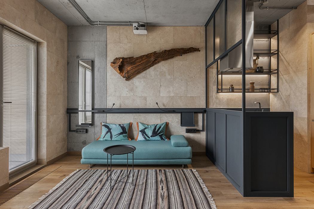 Minimalist living space with concrete walls, wooden accents, and modular furniture.