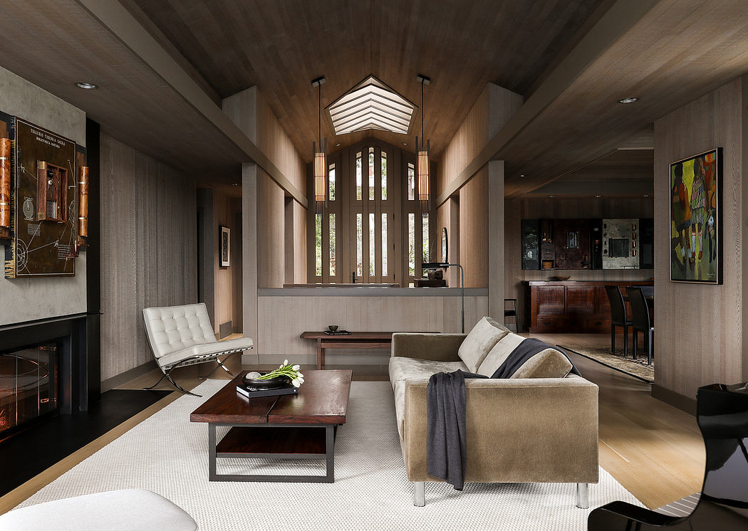 Spacious modern living room with high ceilings, wood paneling, and architectural lighting.