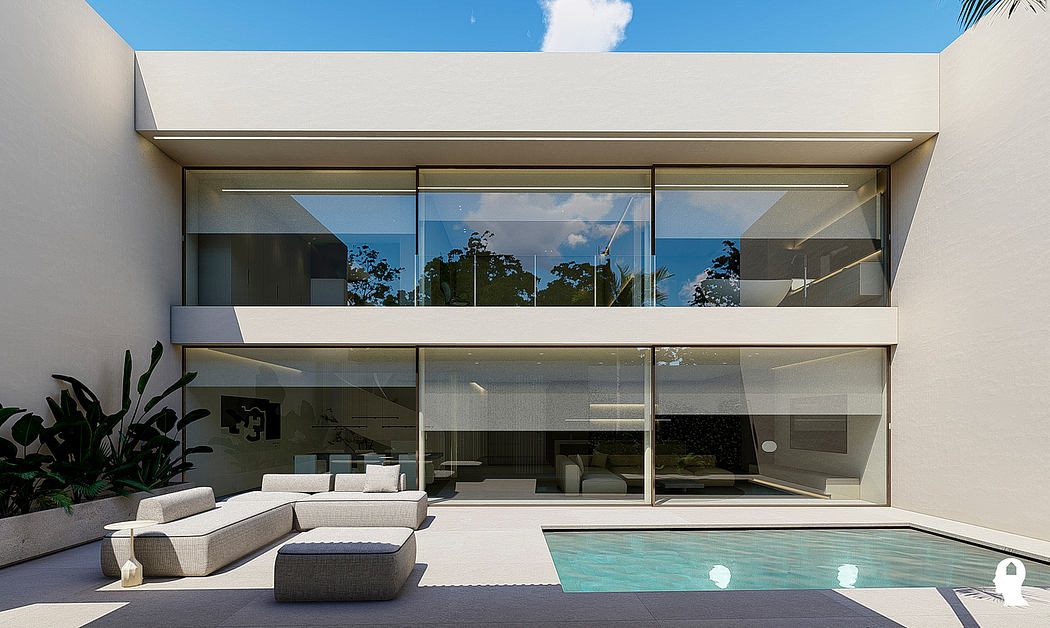 A modern, minimalist house with floor-to-ceiling windows, a pool, and comfortable outdoor seating.