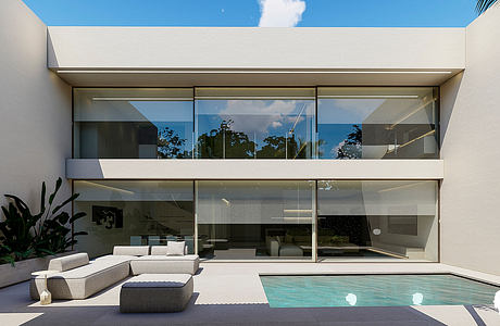 A modern, minimalist house with floor-to-ceiling windows, a pool, and comfortable outdoor seating.