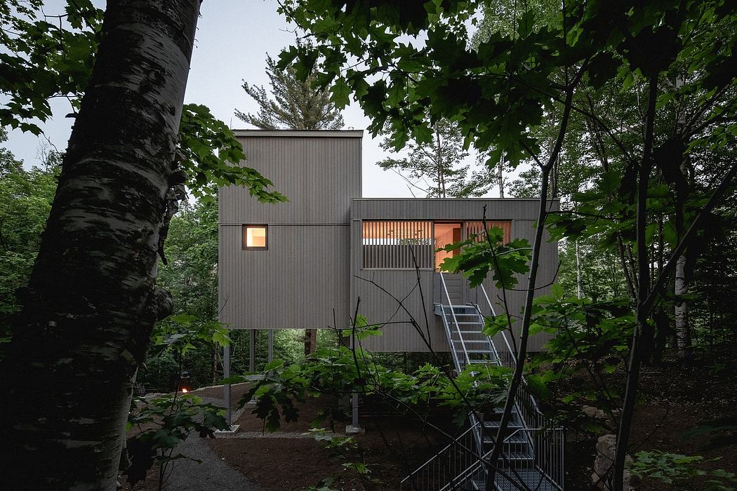 A modern, minimalist cabin nestled in a lush green forest, with a wooden exterior and large windows.